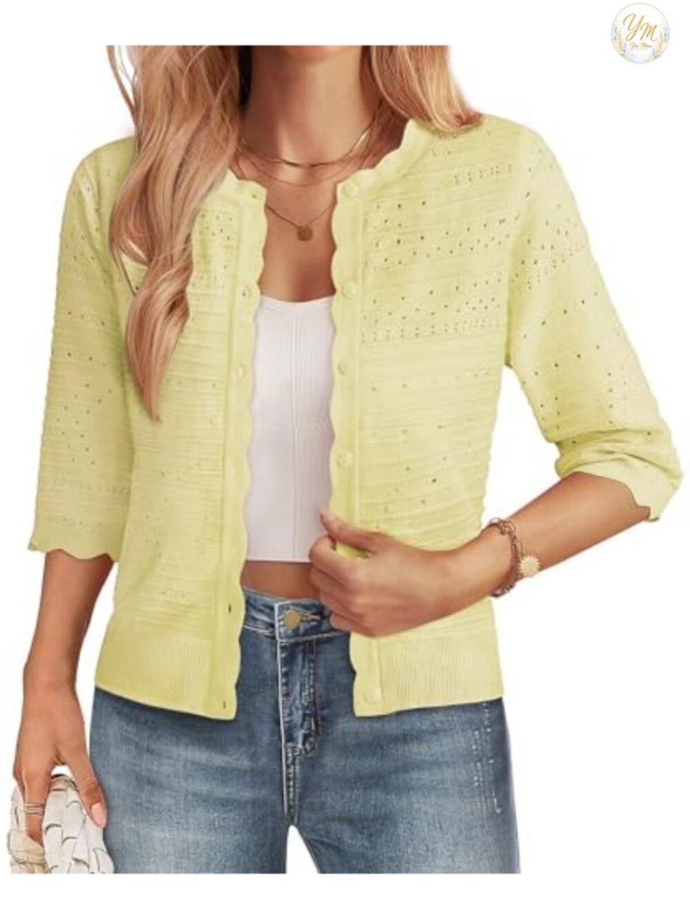 Womens 3/4 Sleeve Cropped Cardigan Lightweight Crochet Shrug
